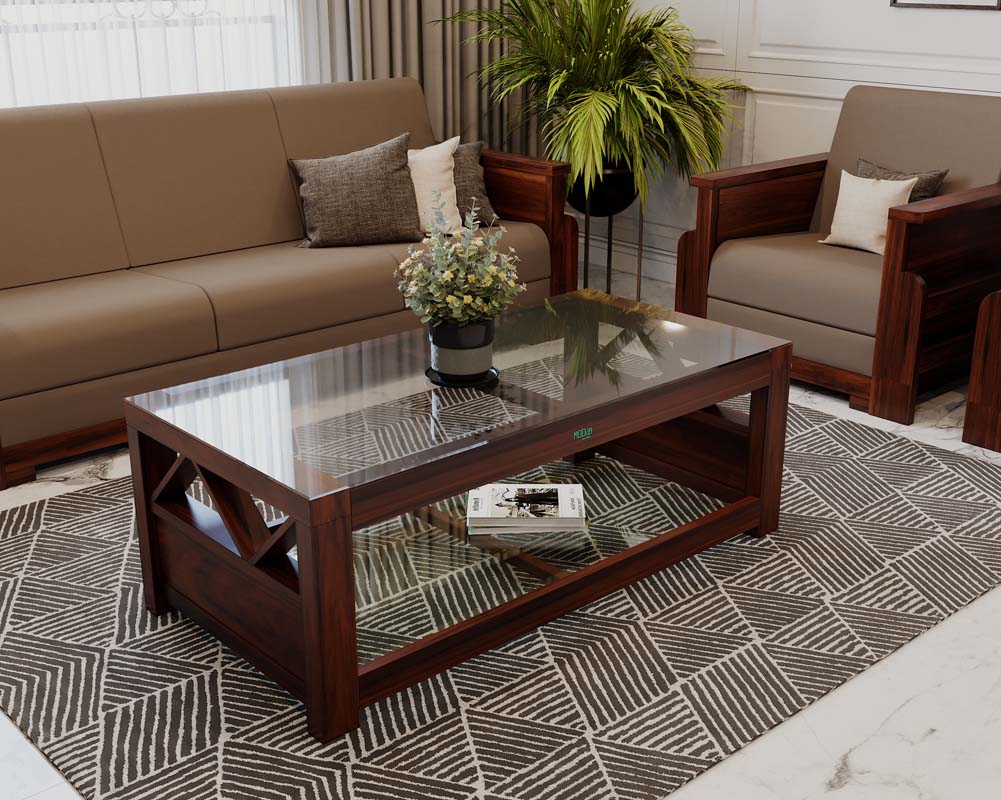 Modiz 4X2 Wooden Coffee Table In Mahogany Honey Gold  Matt Finish 12Mm Glass Top