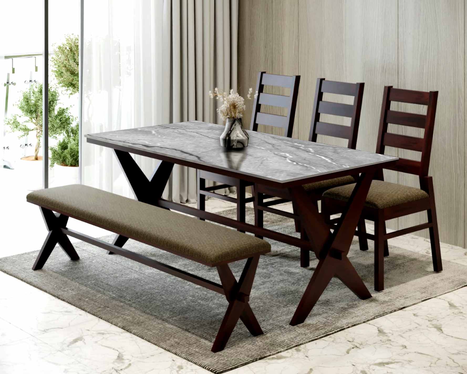 Hudson 6 Seater Dining Table 6 X 3 In Mahogany Choco Matt Finish With Marble Top