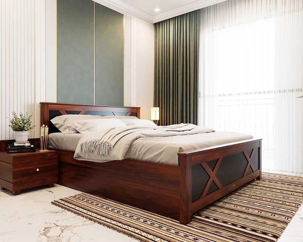 Banbury Queen Size Lift Storage Cot In Mahogany & Engineered Wood Matt Finish Honey Gold + Black C